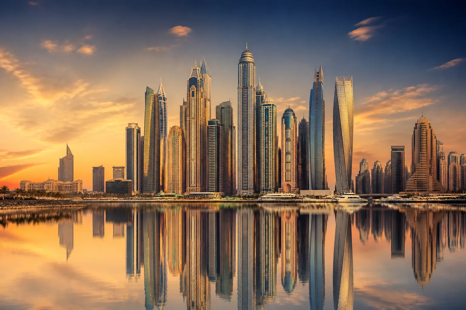 Dubai Marina skyline at golden hour